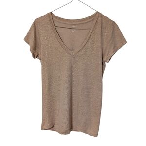 J. Crew 100% Linen Tan And Metallic Gold V-Neck Tee Shirt Top Size XS